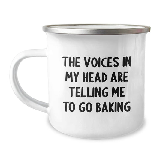 Funny Baking Gifts for Women Friends and Family from a Crazy Baking Enthusiast - 'The Voices In My Head Are Telling Me To Go Baking' Quote on a 12 oz Stainless Steel Camping Mug - Image 1