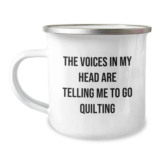 Funny Quilting Gifts for Women, Camping Mug with 'The Voices In My Head Are Telling Me To Go Quilting' Quote, Perfect Graduation Unique Gifts from Family, Friends or Coworkers - Image 1