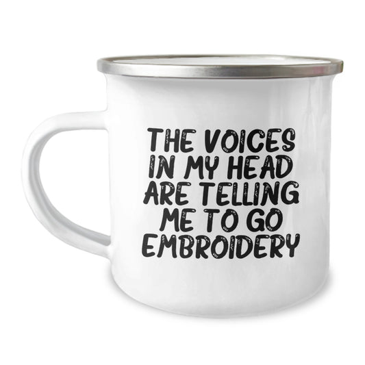 Embroidery Gifts for Friends, 'The Voices In My Head Are Telling Me To Go Embroidery' Funny Camping Mug for Graduation, Gifts from Friends, Women, Family, Embroidery Lovers - Image 1