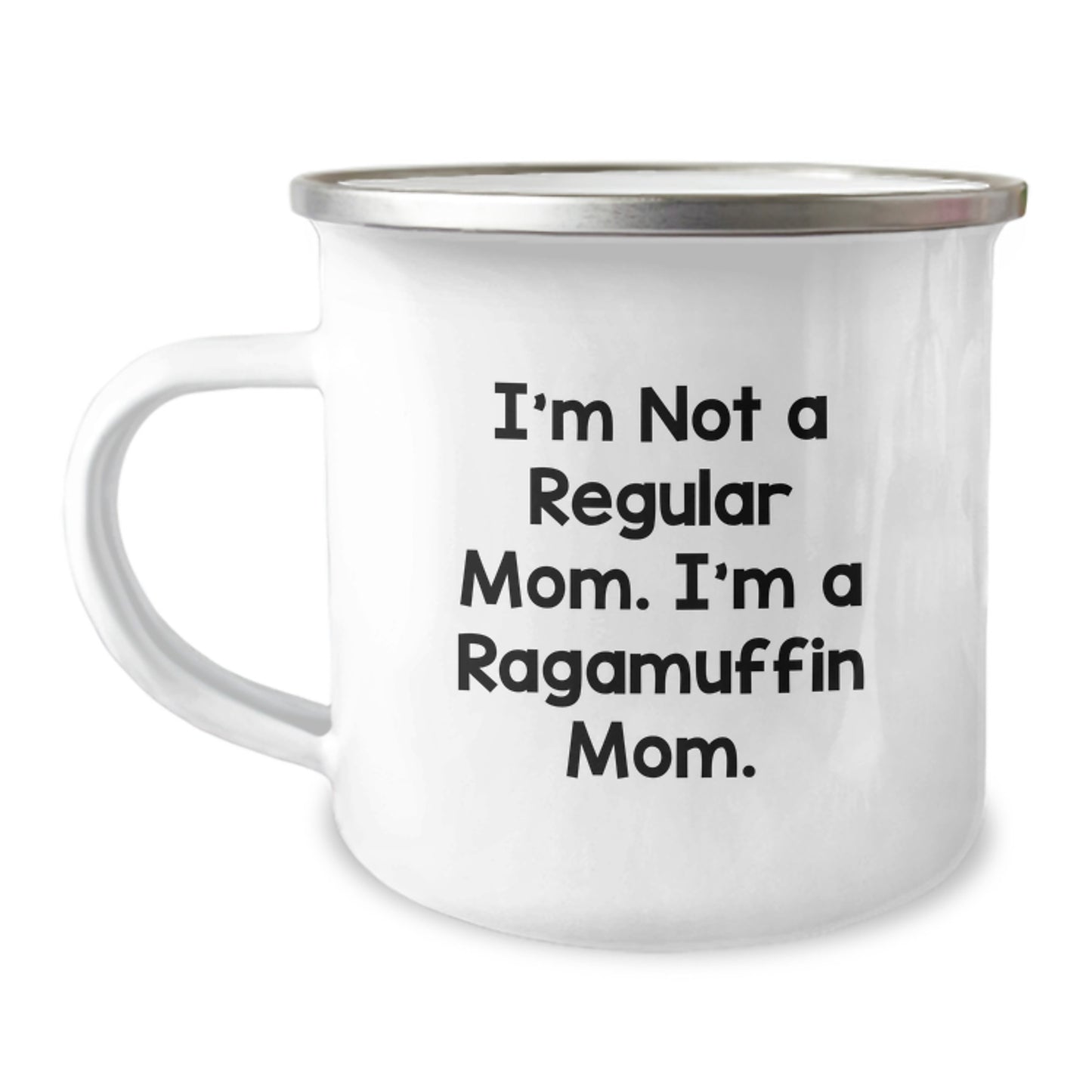 Ragamuffin Cat Mom Gifts from Friends to Family, 12 oz Camping Mug for Graduation, 'I'm Not A Regular Mom. I'm A Ragamuffin Mom.' Funny Quote - Image 1