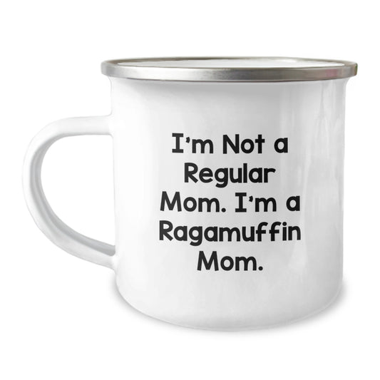 Ragamuffin Cat Mom Gifts from Friends to Family, 12 oz Camping Mug for Graduation, 'I'm Not A Regular Mom. I'm A Ragamuffin Mom.' Funny Quote - Image 1