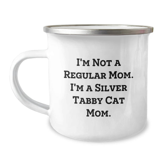 Funny Silver Tabby Cat Mom Gifts from Friends and Family for Silver Tabby Cat Lovers - Camping Mug, 12 oz, Stainless Steel with Enamel Finish - 'I'm Not A Regular Mom. I'm A Silver Tabby Cat Mom.' - Image 1