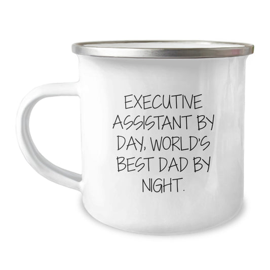 Executive Assistant Gifts from Dad, Funny Camping Mug for Graduation, 'Executive Assistant By Day, World's Best Dad By Night.' Quote, 12 oz Stainless Steel with Enamel Finish - Image 1