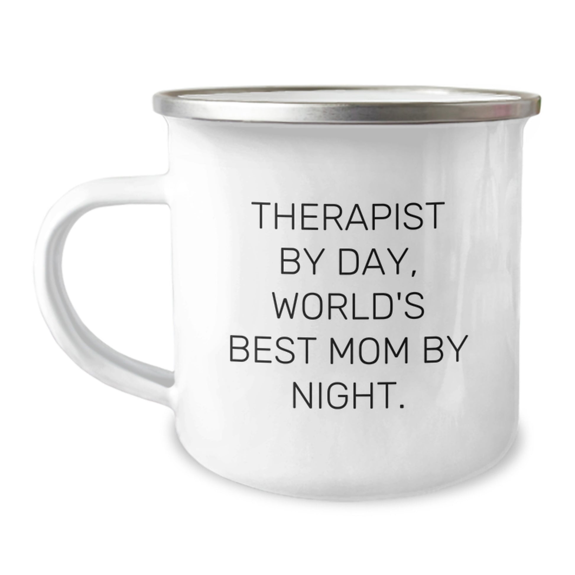 Funny Therapist Gifts for Graduation, 'Therapist By Day, World's Best Mom By Night.' Enamel Camping Mug, Gifts from Mom to Therapist - Image 1