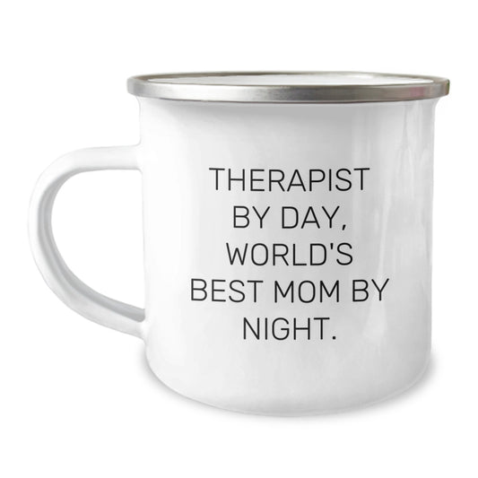 Funny Therapist Gifts for Graduation, 'Therapist By Day, World's Best Mom By Night.' Enamel Camping Mug, Gifts from Mom to Therapist - Image 1