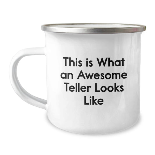 Funny Teller Gifts from Friends for Birthday, This Is What An Awesome Teller Looks Like Enamel Camping Mug, 12 oz Stainless Steel with Permanent Printing - Image 1