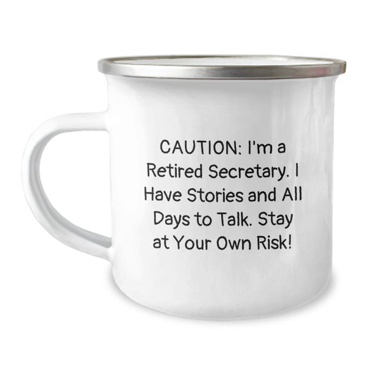 Funny Quotes Secretary Gifts from Friends for Her Birthday Unique Camping Mug, 'Caution: I'm A Retired Secretary...' - Image 1