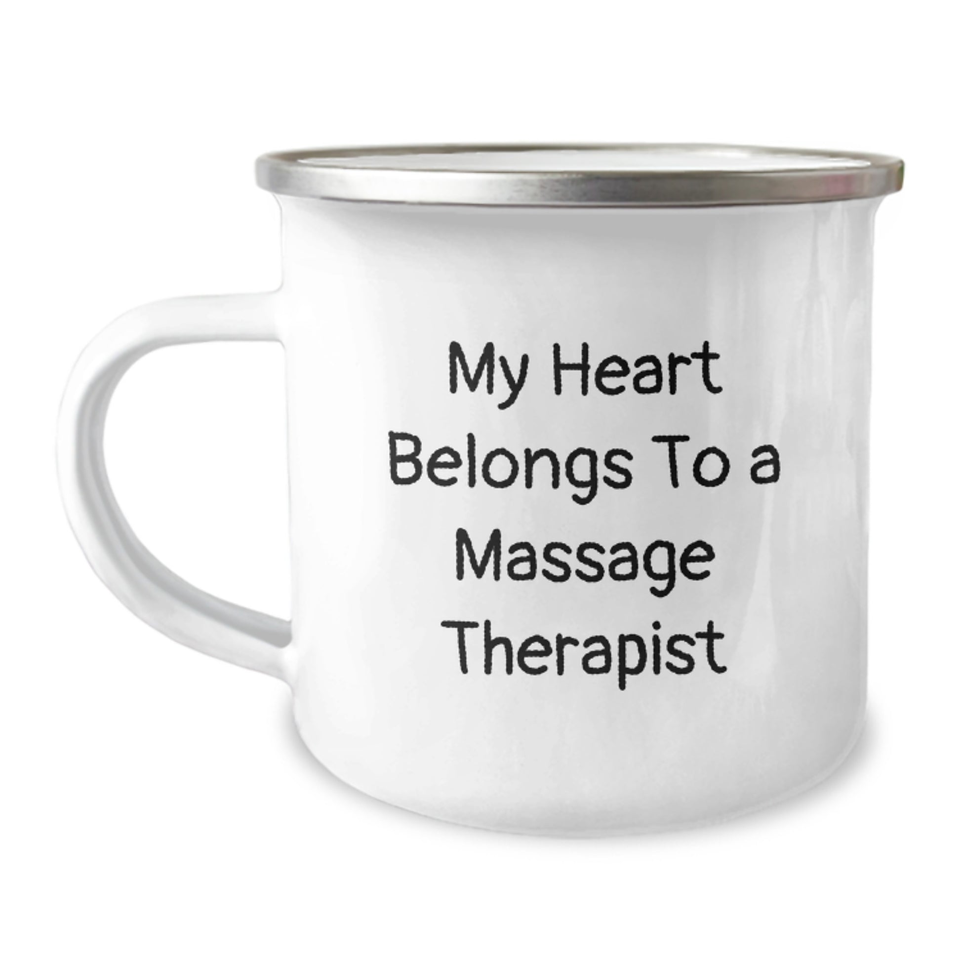 Funny Massage Therapist Gifts from Friends, Unique Camping Mug for Graduation, 'My Heart Belongs To A Massage Therapist' Quote - Image 1