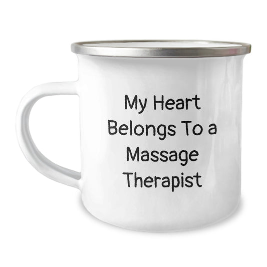 Funny Massage Therapist Gifts from Friends, Unique Camping Mug for Graduation, 'My Heart Belongs To A Massage Therapist' Quote - Image 1