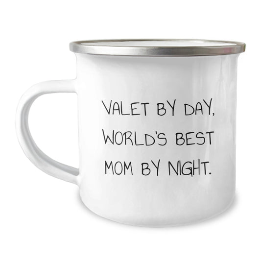 Valet Gifts from Friends, Valet By Day, World's Best Mom By Night., Unique Graduation Gifts for Valet, 12 oz Stainless Steel Camping Mug - Image 1