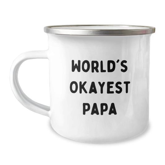 Funny Papa Gifts from Men, World's Okayest Papa, Camping Mug for Graduation, Stainless Steel with Enamel Finish, Unique Graduation Gifts - Image 1