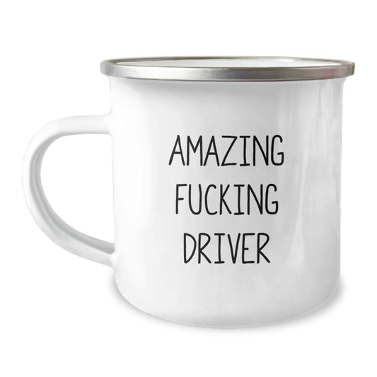 Funny Driver Gifts from Friends, Unique Graduation Gifts for Driver, Amazing 'Amazing F--king Driver' Enamel Camping Mug - Image 1