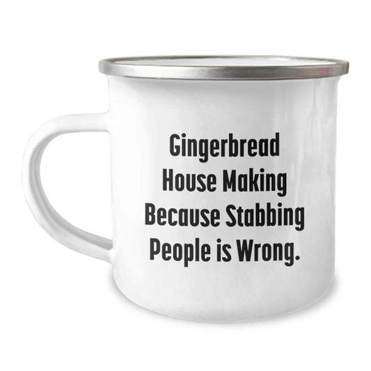 Gingerbread House Making Gifts from Friends, Unique Camping Mugs with Funny Quote, 12 oz Stainless Steel Enamel Mug for Men, Women, Coworkers, Family, Gingerbread House Making Enthusiasts - Image 1