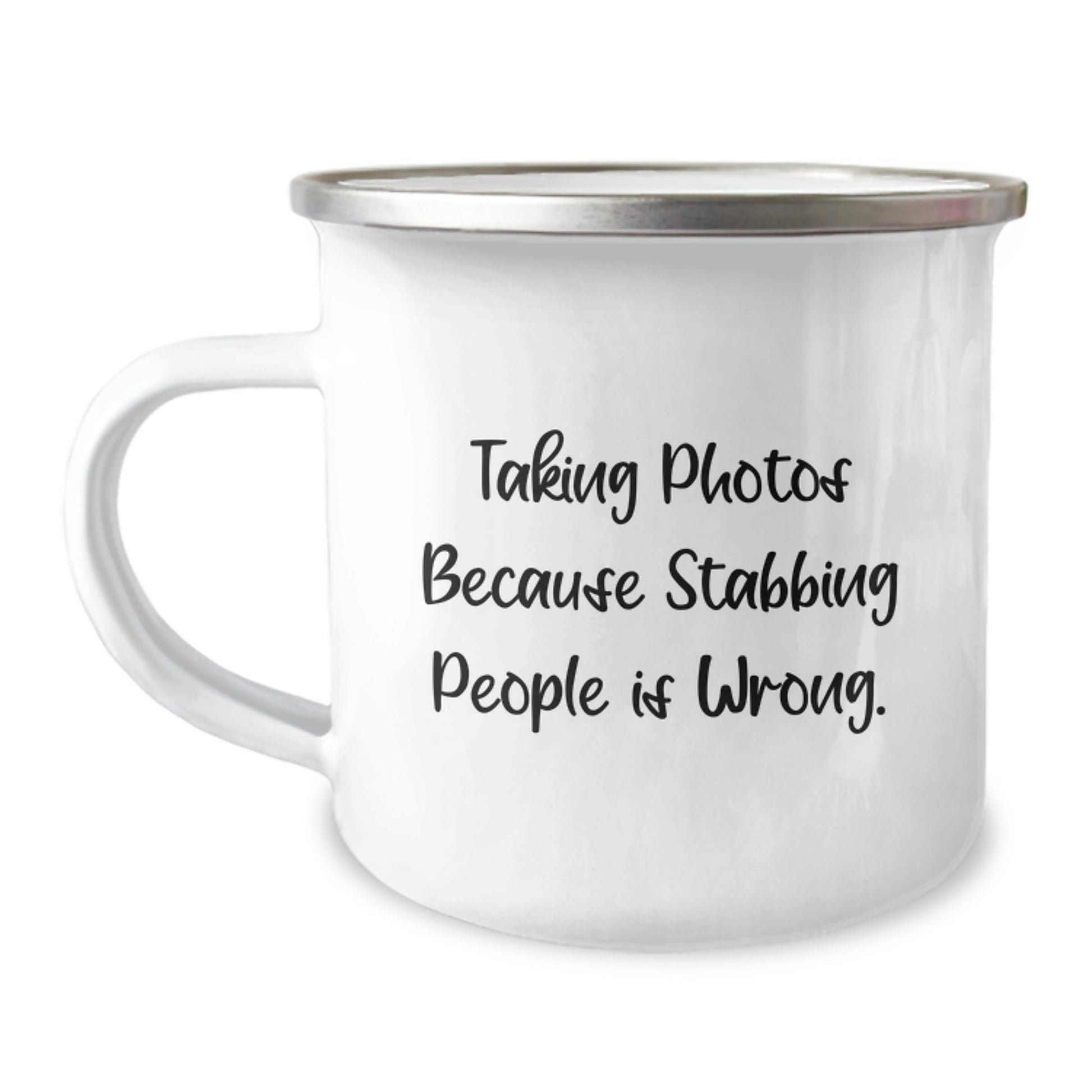 Funny Taking Photos Gifts for Men, Taking Photos Camping Mug, Gifts from Friends for Birthday, 'Taking Photos Because Stabbing People Is Wrong.' Humor - Image 1