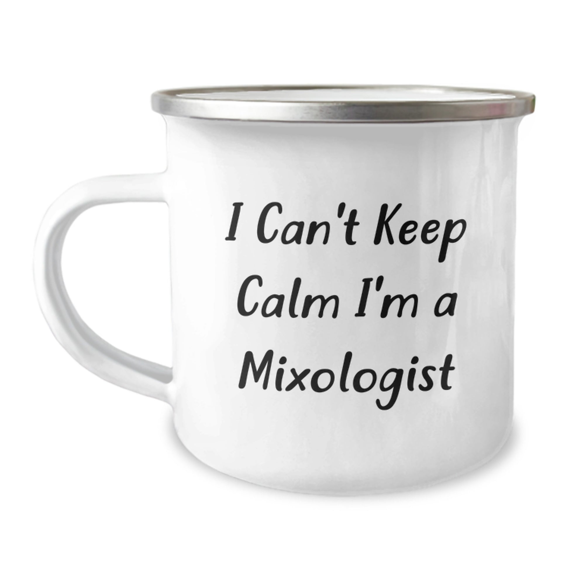 Funny Mixologist Gifts from Friends for Birthday, 'I Can't Keep Calm I'm A Mixologist' Camping Mug - Image 1