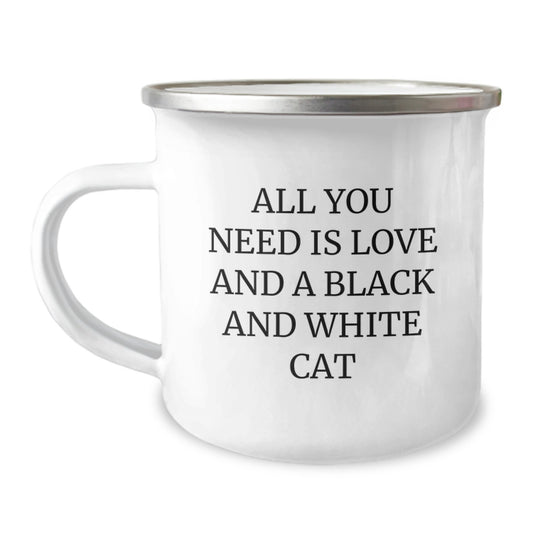Funny Black and White Cat Gifts from Friends for Birthday Camping Mug - All You Need Is Love - Image 1