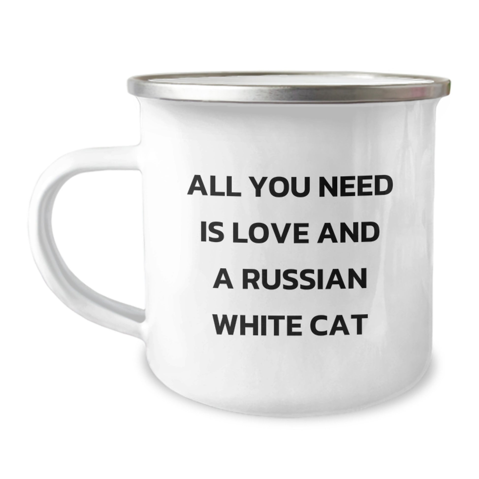 Russian White Cat Lovers Gifts from Friends for Birthday Fun, Camping Mug with All You Need Is Love Quote - Image 1