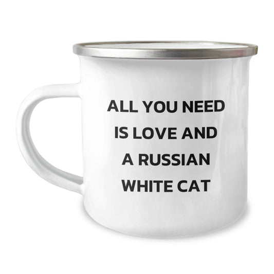 Russian White Cat Lovers Gifts from Friends for Birthday Fun, Camping Mug with All You Need Is Love Quote - Image 1