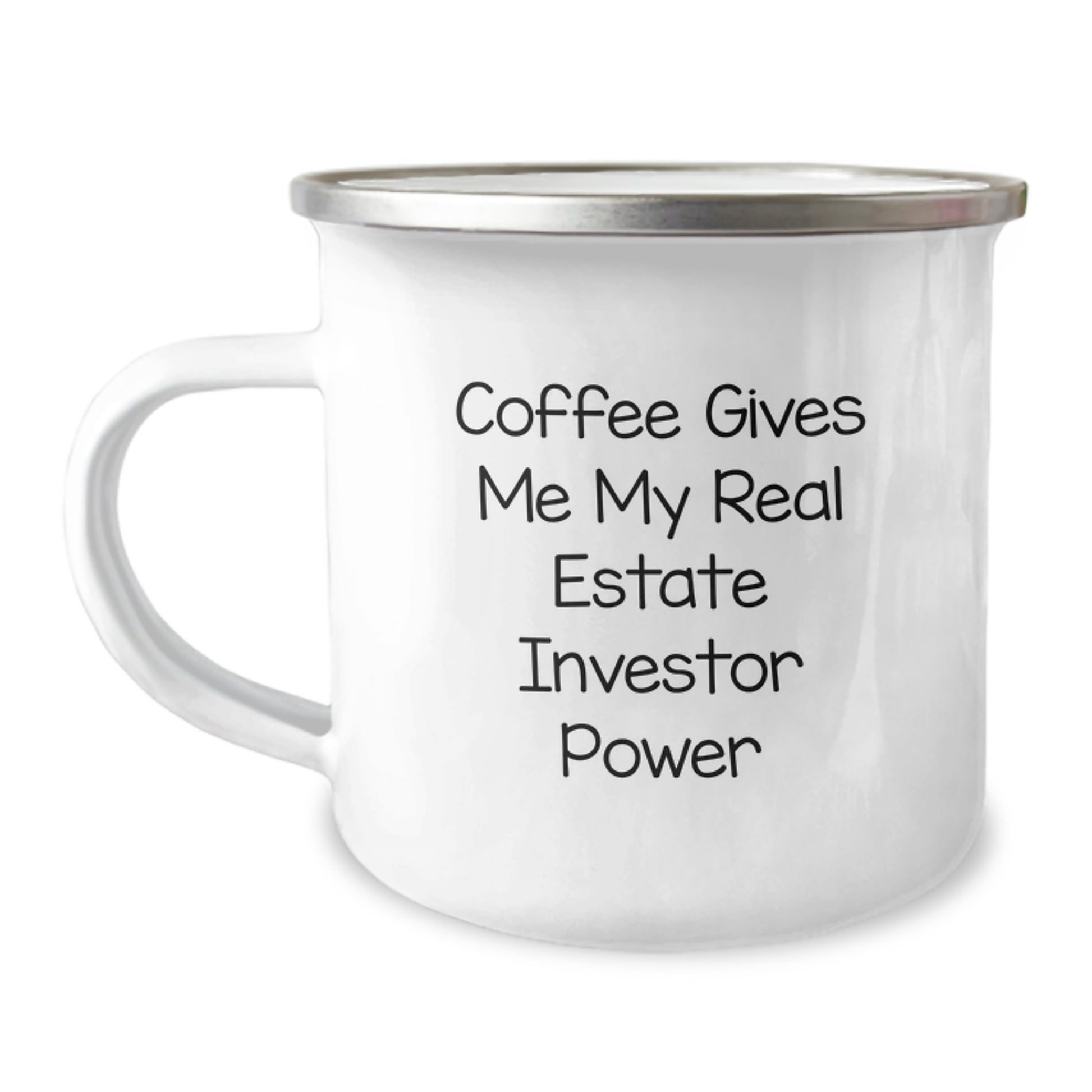 Funny Real Estate Investor Gifts from Friends for Birthday - Coffee Gives Me My Real Estate Investor Power Enamel Camping Mug - Image 1