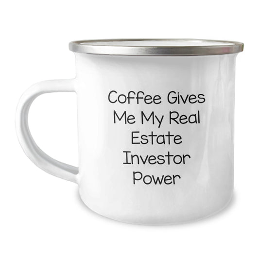Funny Real Estate Investor Gifts from Friends for Birthday - Coffee Gives Me My Real Estate Investor Power Enamel Camping Mug - Image 1