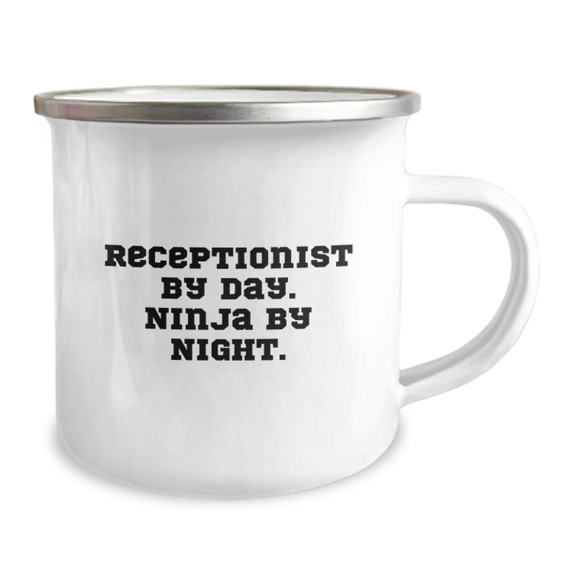 Receptionist Gifts from Friends, Funny Camping Mug for Graduation, 'Receptionist By Day. Ninja By Night.' Quote, 12 oz Stainless Steel with Enamel Finish - Image 2