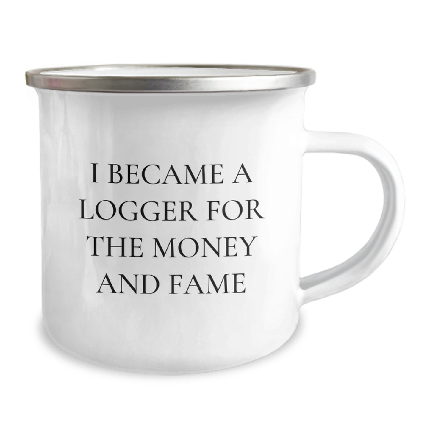 Logger's Humorous Gift, 'I Became A Logger For The Money And Fame', 12 oz Stainless Steel Camping Mug, Gifts from Friends or Family for Logger's Graduation - Image 2