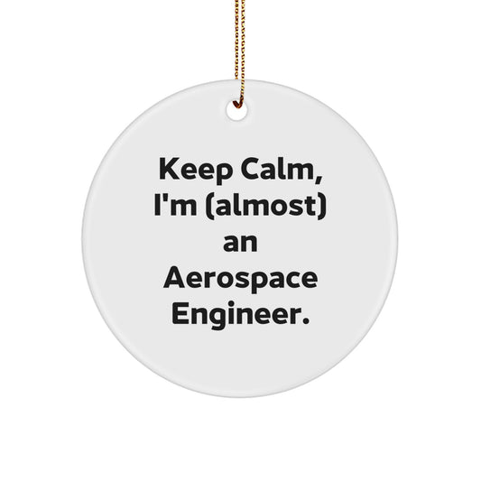 Funny Aerospace Engineer Gifts from Friends for Christmas - Circle Ornament with 'Keep Calm, I'm (almost) An Aerospace Engineer.' Quote - Image 1