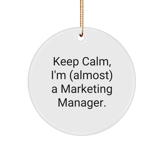 Marketing Manager Gifts from Friends, Funny Circle Ornament with 'Keep Calm, I'm (almost) A Marketing Manager.' Quote, Christmas Unique Gifts for Him - Image 1