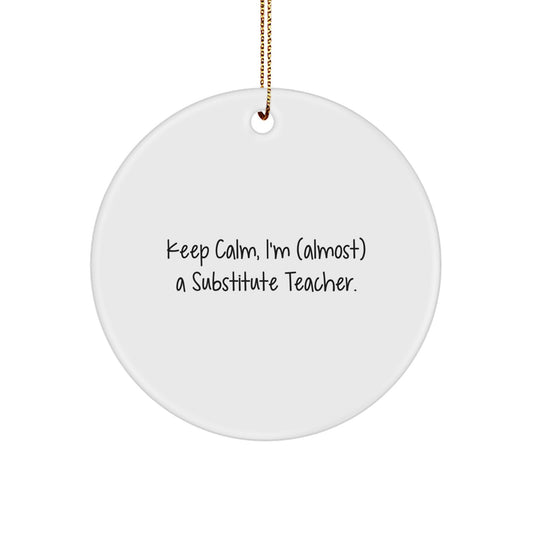 Funny Substitute Teacher Gifts, Keep Calm Circle Ornament, White, 'Almost' a Pro, Christmas Unique Gifts from Friends to Substitute Teacher - Image 1