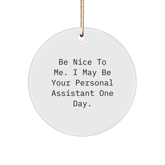 Funny Personal Assistant Gifts from Friends, Coworkers, or Family - Be Nice To Me. I May Be Your Personal Assistant One Day. Circle Ornament for Christmas - Image 1