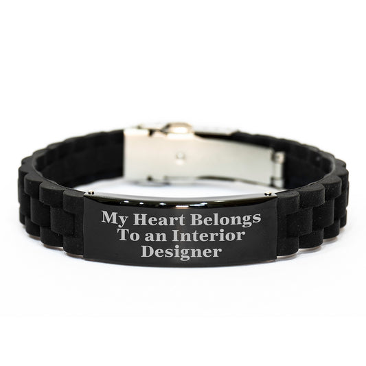 Gifts from Friends for Interior Designers - My Heart Belongs To An Interior Designer, Glide lock Clasp Adjustable Silver Black Stainless Steel Silicone 9.05-inch Graduation Unique Gifts - Image 1