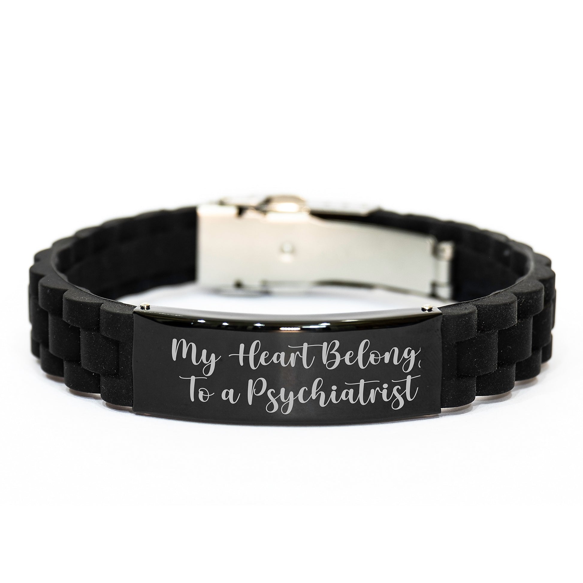 Funny Psychiatrist Gifts from Men to Graduation Recipients with Glide lock Clasp Black Stainless Steel Silicone Adjustable Bracelet My Heart Belongs To A Psychiatrist Quote - Image 1