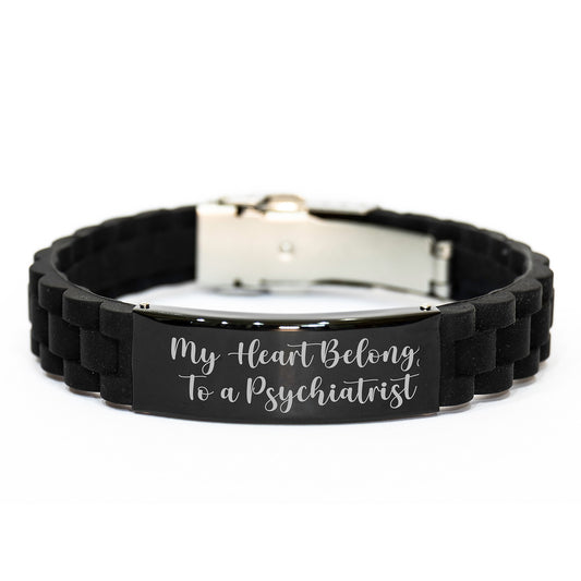 Funny Psychiatrist Gifts from Men to Graduation Recipients with Glide lock Clasp Black Stainless Steel Silicone Adjustable Bracelet My Heart Belongs To A Psychiatrist Quote - Image 1