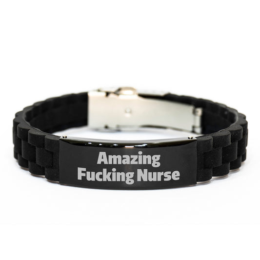 Funny Nurse Gifts from Friends - Amazing Glide lock Clasp Bracelet for Graduation, Adjustable Silicone and Stainless Steel, 'Amazing F--king Nurse' Quote, Gifts for Nurse - Image 1
