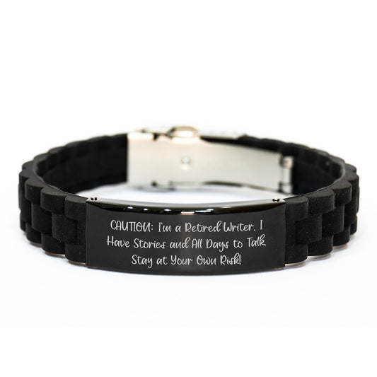 Funny Retired Writer Gift, Glide lock Clasp Birthday Present from Friends to Writer, 'Caution: I'm A Retired Writer...' Quote Inspired Jewelry - Image 1