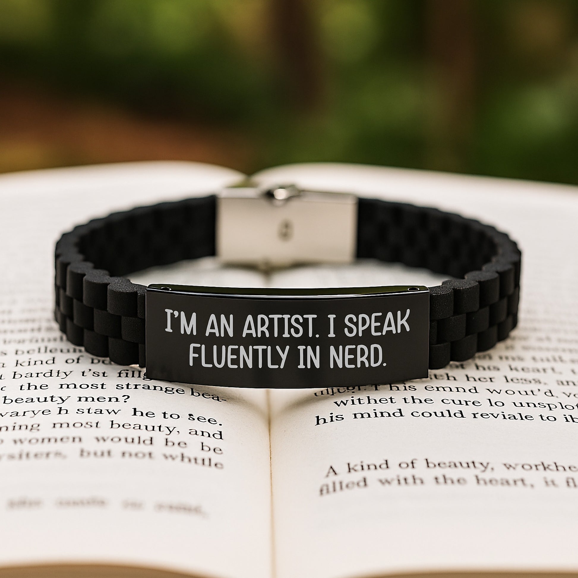Funny Artist Birthday Unique Gifts from Friends: 'I'm An Artist. I Speak Fluently In genius.' Glide lock Clasp Bracelet for Artist, Men, or Women - Image 2