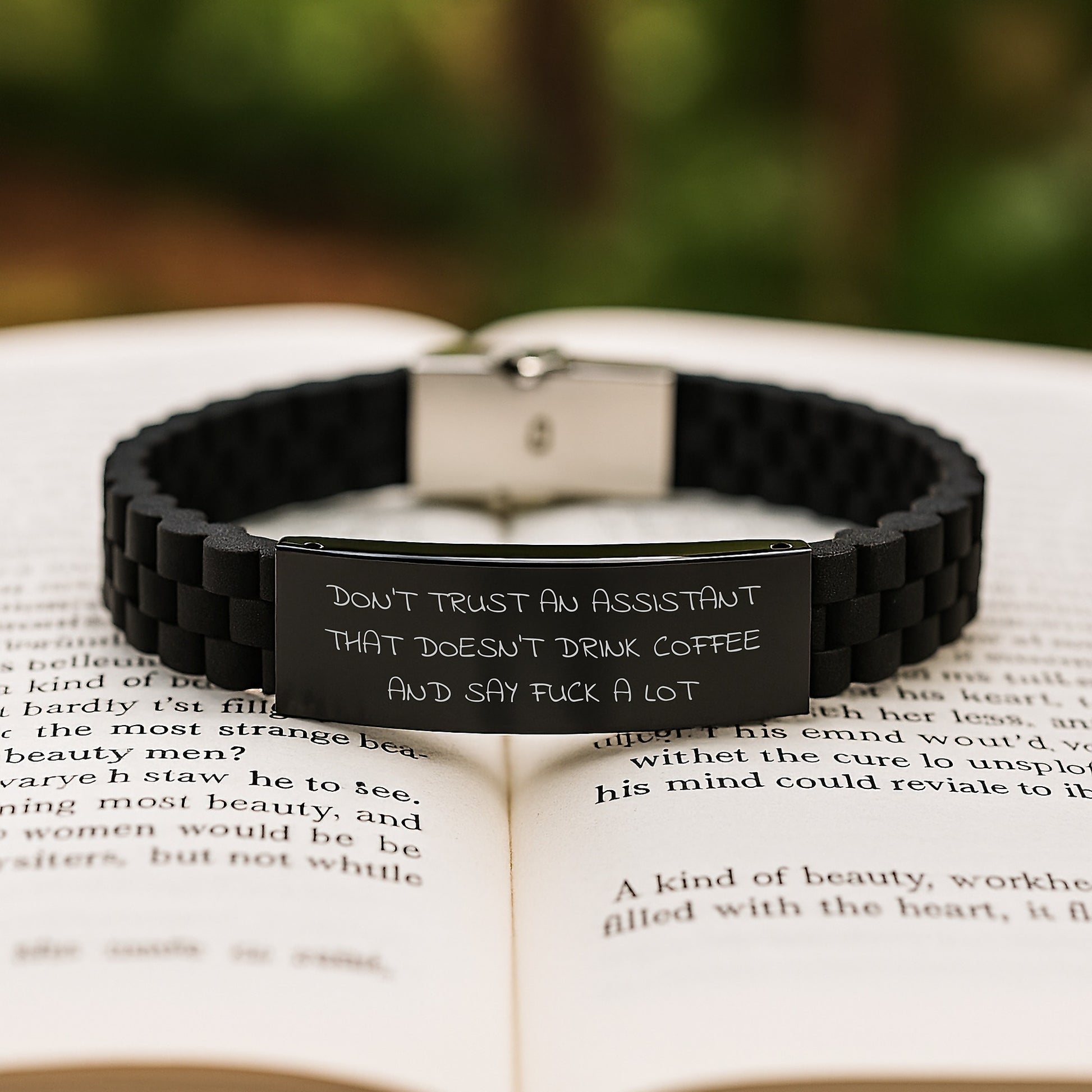Funny Assistant Gifts: Glide lock Clasp Birthday Present, Gifts from Coworkers, Gifts for Assistants Who Drink Coffee and Say F*ck, Adjustable Silicone Metal Black Stainless Steel - Image 2