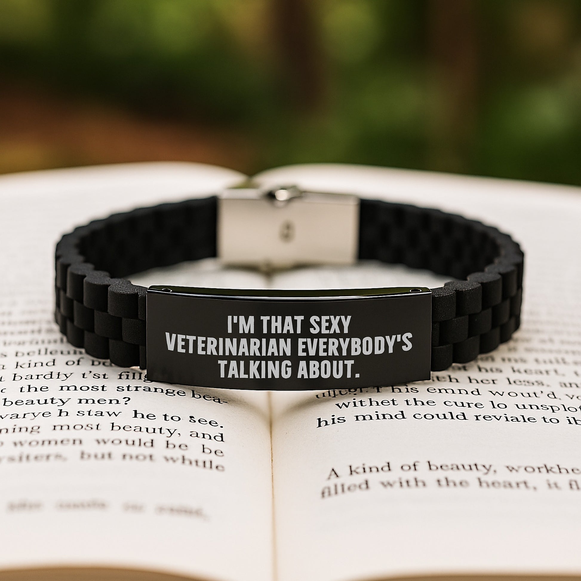 Funny Veterinarian Gifts from Friends for Graduation - Glide lock Clasp Black Stainless Steel Silicone Adjustable Bracelet, Sexy Quote - Image 2
