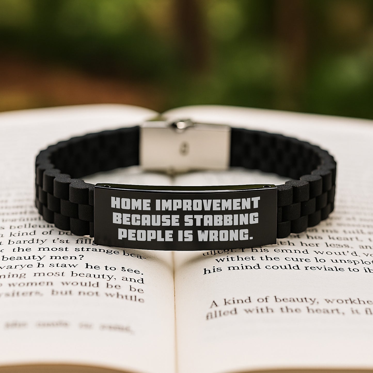 Home Improvement Funny Gifts for Men from Friends and Family - Glide lock Clasp Bracelet for Graduation, 'Home Improvement Because Stabbing People Is Wrong.' - Image 2
