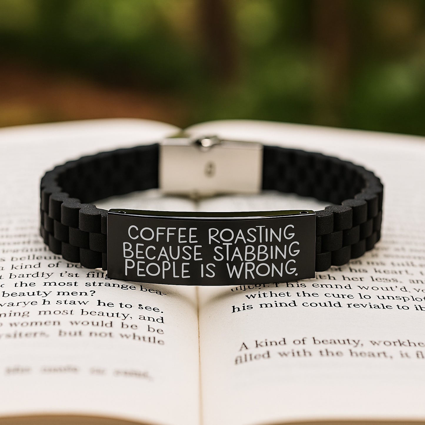 Coffee Roasting Inspirations Funny Gift for Friends from Coffee Enthusiasts, Adjustable Glide lock Clasp Black Stainless Steel Silicone Men's Women's Graduation Unique Gifts - Image 2