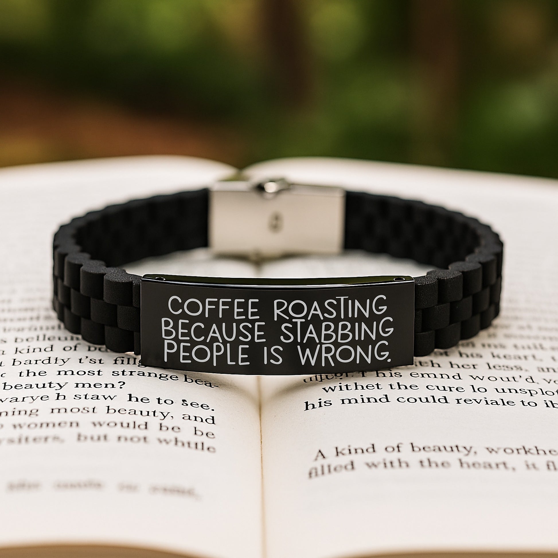 Coffee Roasting Inspirations Funny Gift for Friends from Coffee Enthusiasts, Adjustable Glide lock Clasp Black Stainless Steel Silicone Men's Women's Graduation Unique Gifts - Image 2