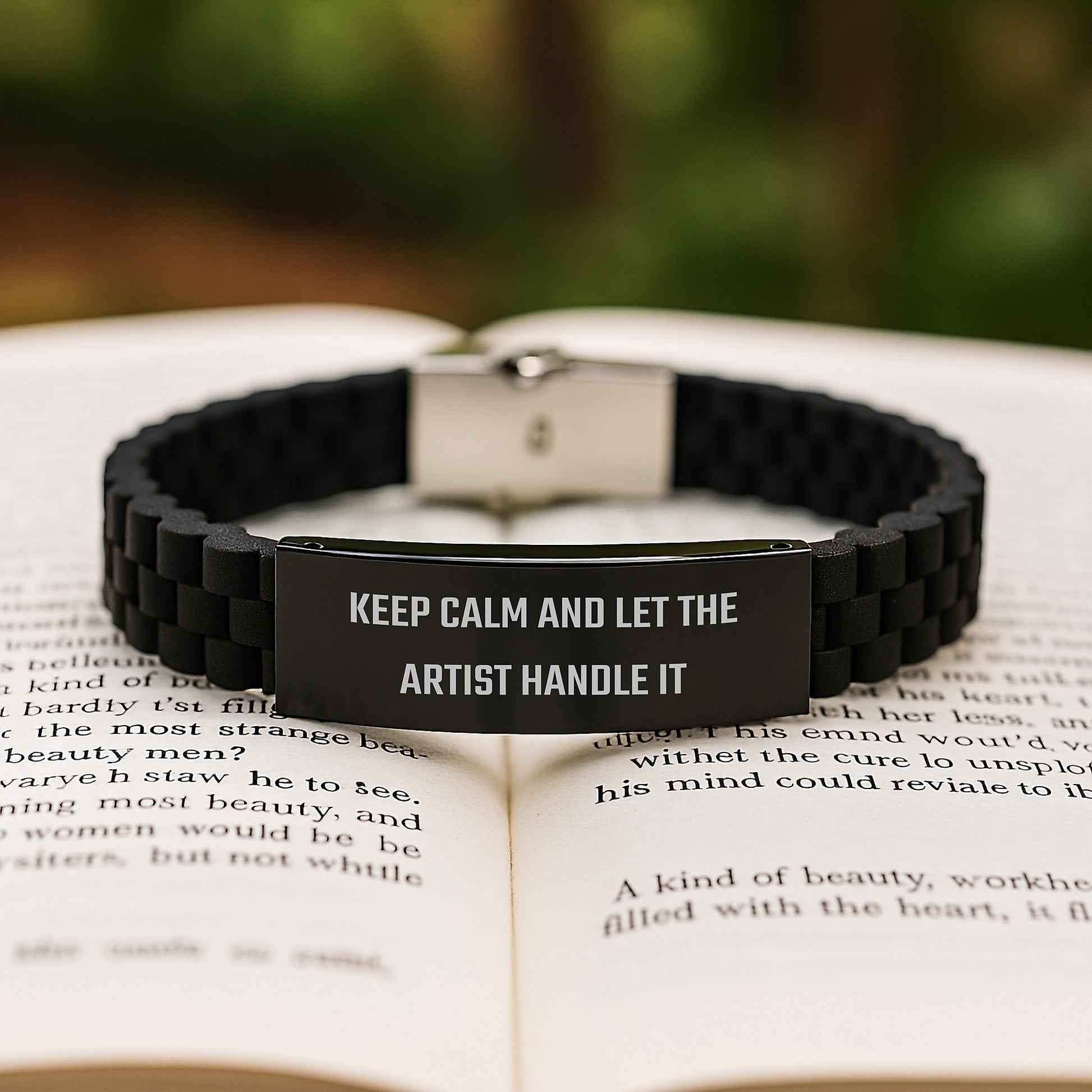 Funny Artist Gifts from Friends for Graduation - Keep Calm And Let The Artist Handle It Glide lock Clasp Black Adjustable Silicone Steel Jewelry, Gifts from Men to Artist, Artist Gifts for Men - Image 2