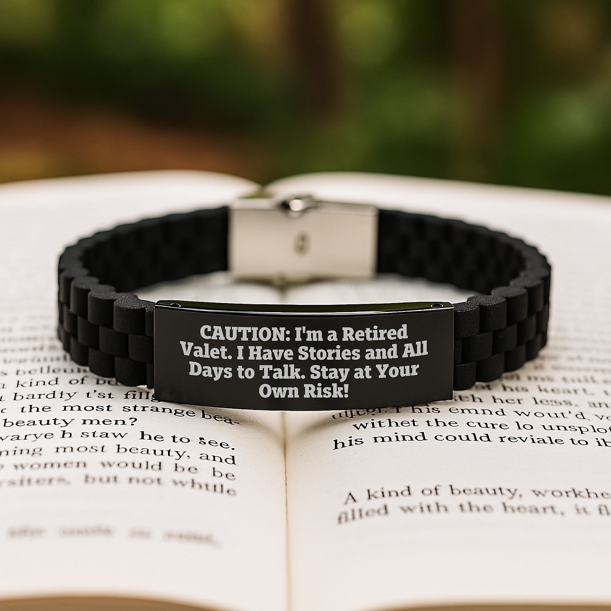 Valet's Warning: Funny Gift for Him or Her - Glide lock Clasp Black Stainless Steel Silicone Adjustable Bracelet from Friends or Family - Image 2