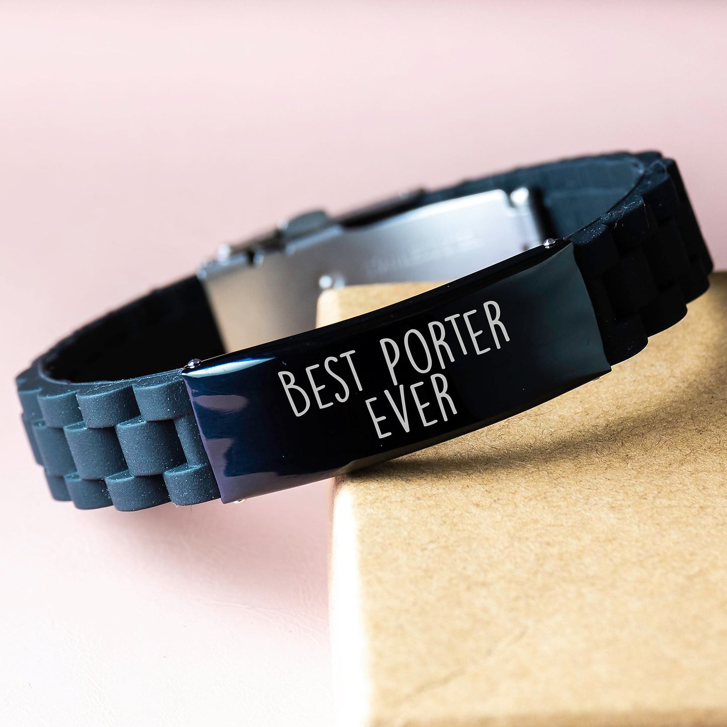 Porter Gifts from Friends - Funny Best Porter Ever Glide lock Clasp Bracelet for Men, Unique Graduation Gifts for Porter, Adjustable Black Silver Stainless Steel Silicone - Image 3