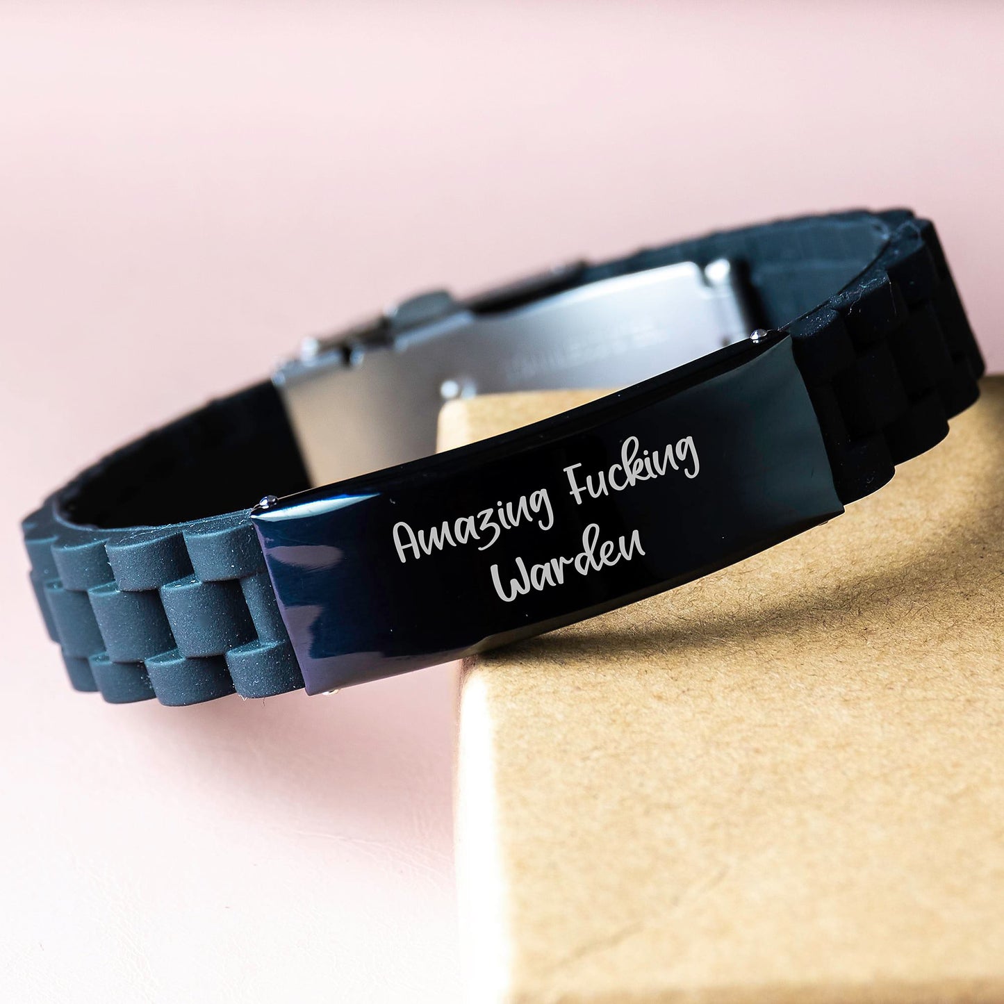 Funny Warden Gifts from Men to Graduation Warden - Amazing F--king Warden Glide lock Clasp Bracelet with Adjustable Silver, Black Stainless Steel, and Silicone - Perfect for Warden Friends and Family - Image 3