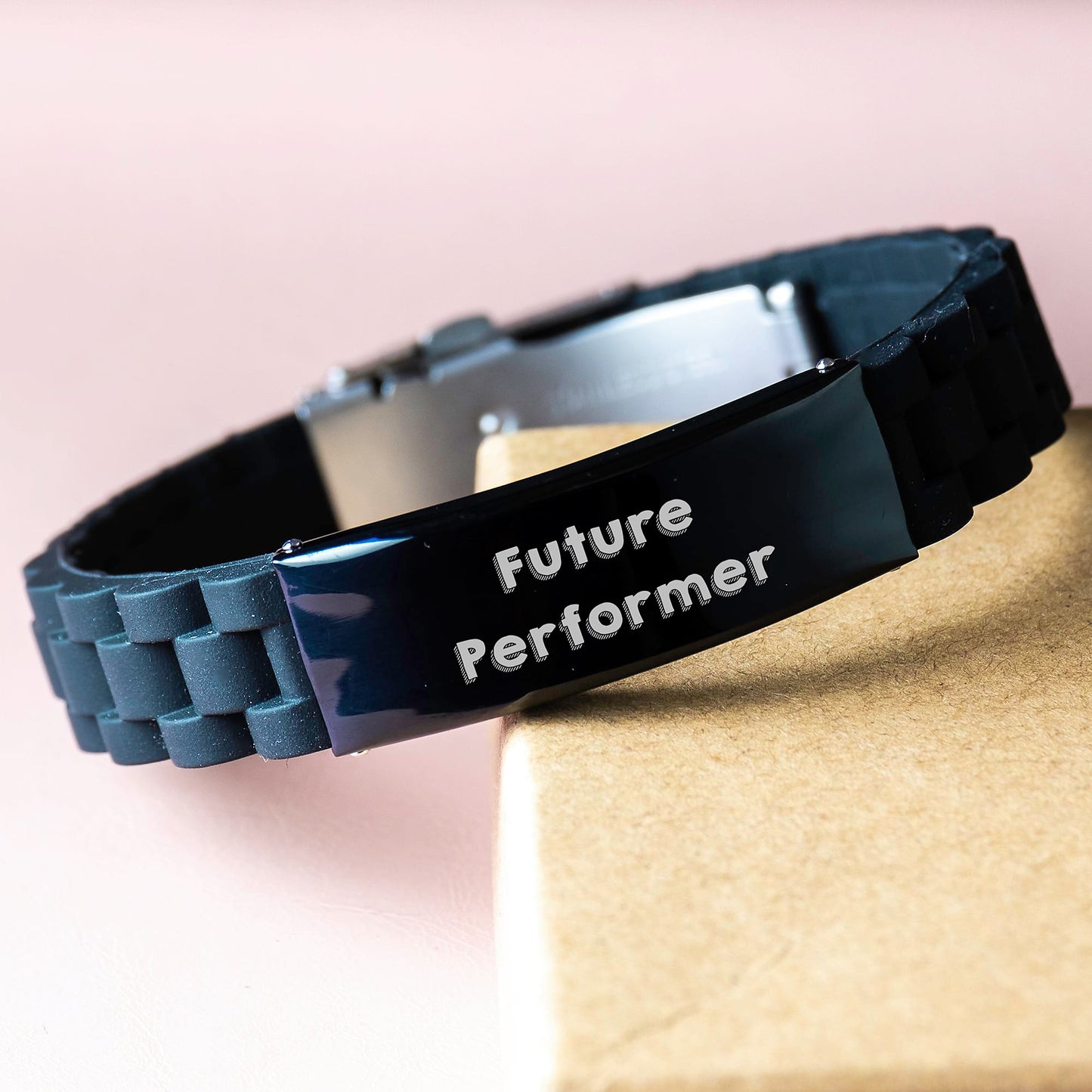 Future Performer Funny Quote Glide lock Clasp Birthday Unique Gift for Men from Friends, Inspirational Quote for Men, Adjustable Black Stainless Steel and Silicone Silver Tone Men's Gift for Birthday - Image 3