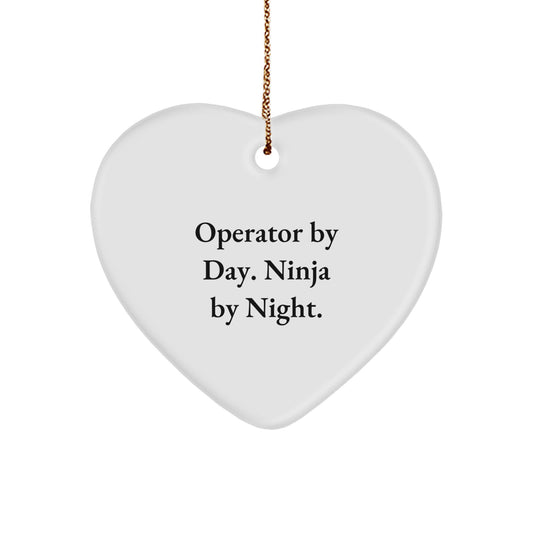 Operator Gifts: Heart Ornament, 'Operator By Day. Ninja By Night.' Quote, White, 2.75"x0.5oz MDF, Sublimation, Christmas - Image 1