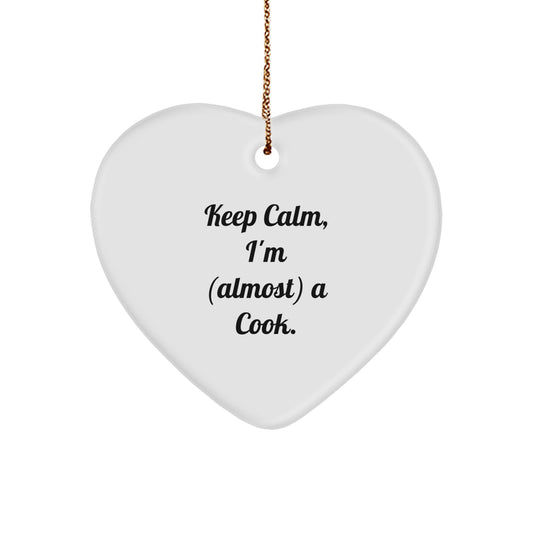 Funny Cook Gifts from Friends for Christmas - 'Keep Calm, I'm (almost) A Cook.' Heart Ornament - Image 1