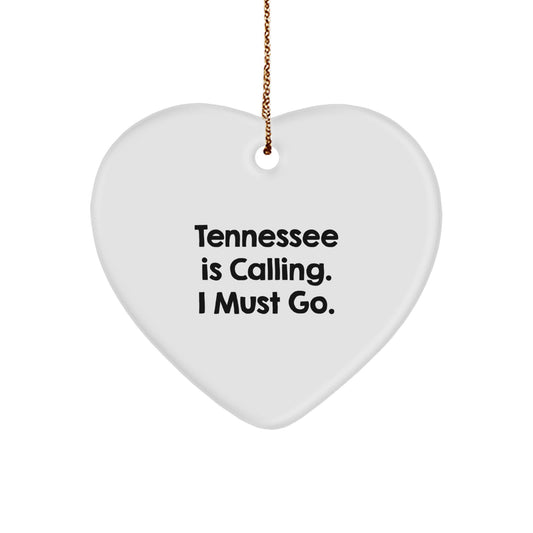 Tennessee Inspired Heart Ornament, 'Tennessee Is Calling. I Must Go.' Quote, White Heart Shaped, Gifts from Family for Women, Christmas Unique Gifts - Image 1
