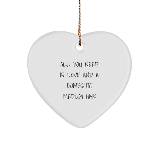Domestic Medium Hair Cat Lovers Gifts from Friends for Christmas - Heart Ornament with 'All You Need Is Love And A Domestic Medium Hair' Quote - Image 1